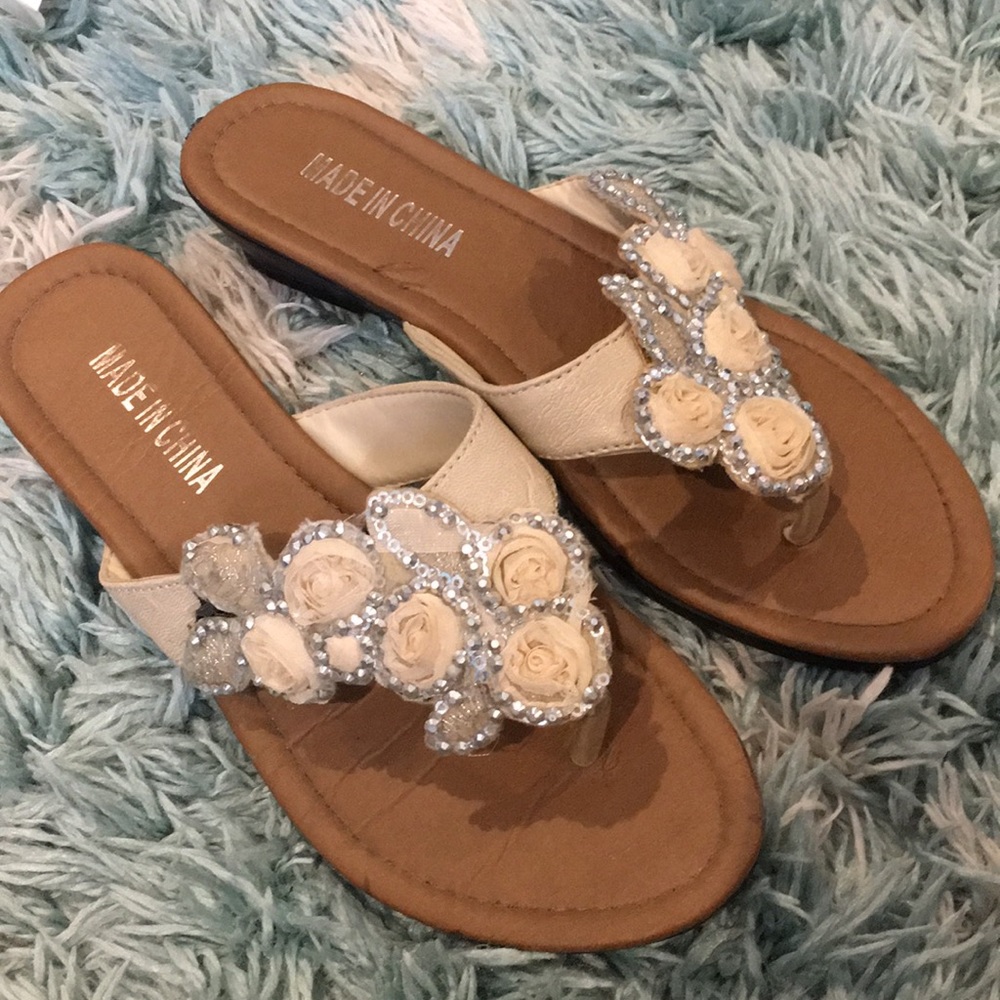 Rose embellished sequin flip flops